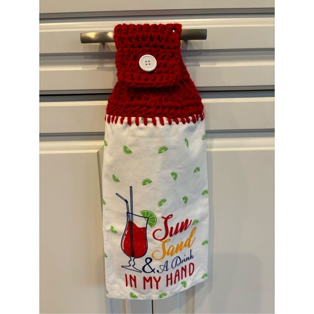 Crochet Top Kitchen Towel- Sun sand drink in my hand red topper